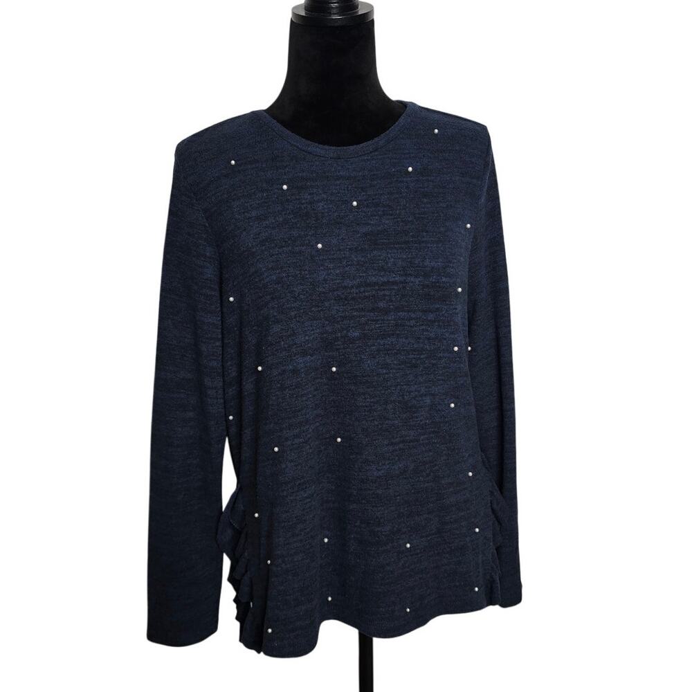 Free Generation Navy Blue Pearl Embellished Ruffle Sweater Top Women L